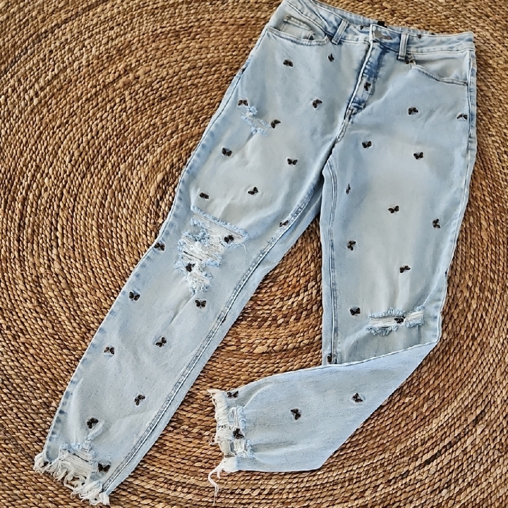 Material Girl Light Blue BUTTERFLIES Embroidered Skinny Jeans